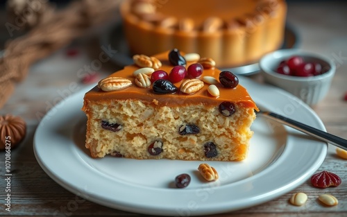 A slice of caramel cake with pecans, cranberries, and blueberries on a white plate photo