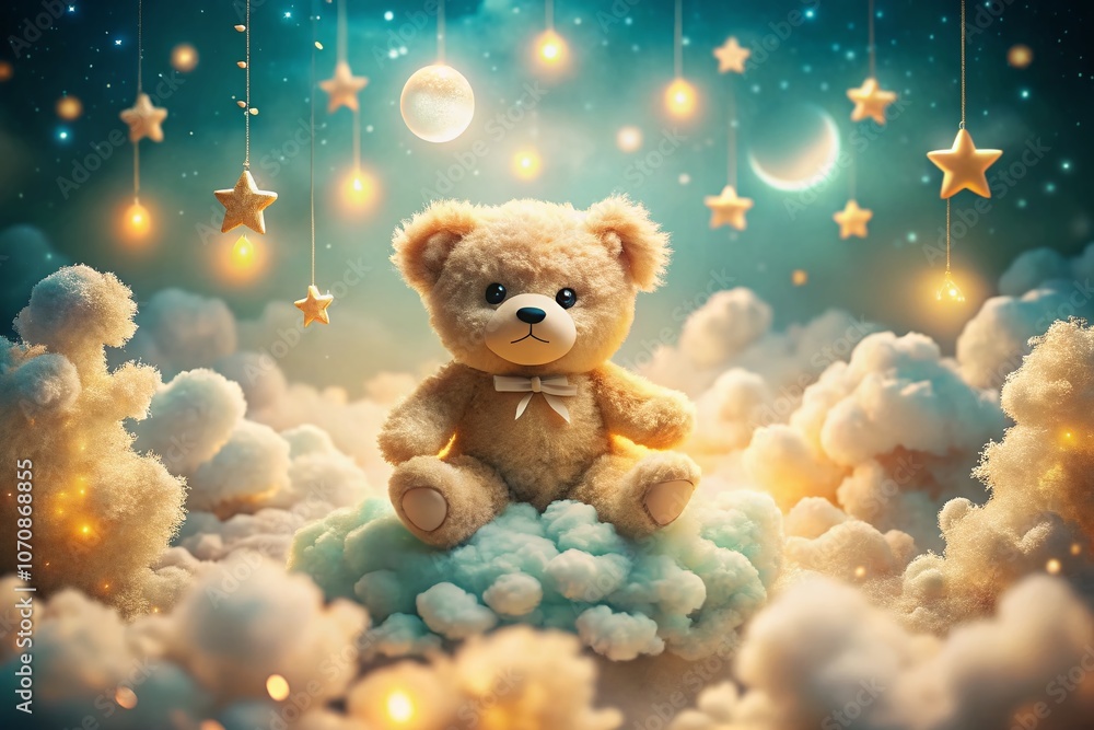 Enchanting Bear in the Sky: A Whimsical Product Photography Scene with a Playful Bear Floating Among Soft Clouds, Ideal for Children's Decor and Imaginative Concepts Enchanting Bear in the Sky: A Whimsical Product Photography Scene with a Playful Bear Floating Among Soft Clouds, Ideal for Children's Decor and Imaginative Concepts