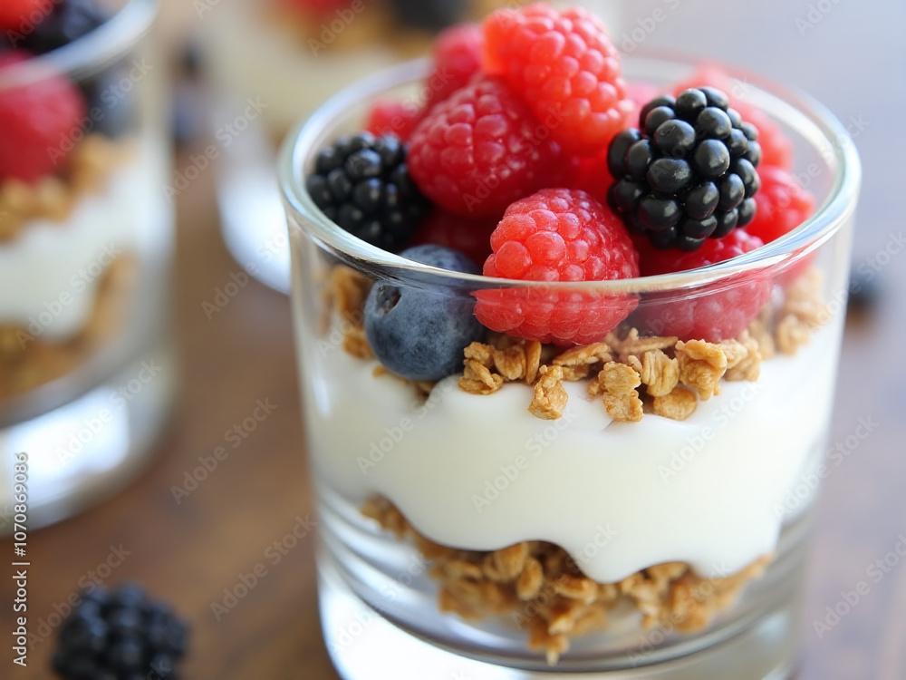 A Greek yogurt parfait features layers of crunchy granola topped with sweet mixed berries and a drizzle of honey A Greek yogurt parfait features layers of crunchy granola topped with sweet mixed berries and a drizzle of honey