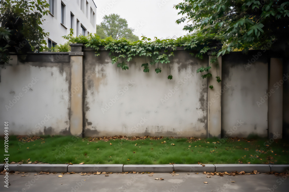 Weathered wall with climbing plants and grass in urban setting Weathered wall with climbing plants and grass in urban setting