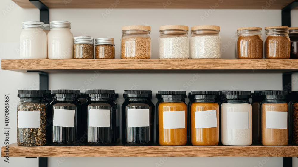 Organized inventory shelf with jars and containers for spices, grains, and liquids. neat arrangement creates clean and functional kitchen space Organized inventory shelf with jars and containers for spices, grains, and liquids. neat arrangement creates clean and functional kitchen space