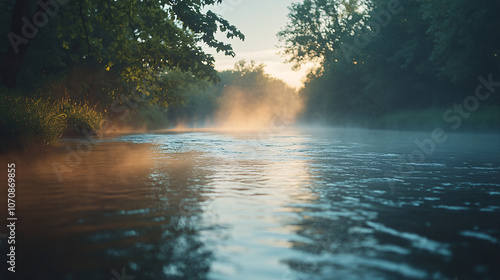 Wallpaper Mural misty river landscape at sunrise with golden sunlight through fog and trees Torontodigital.ca