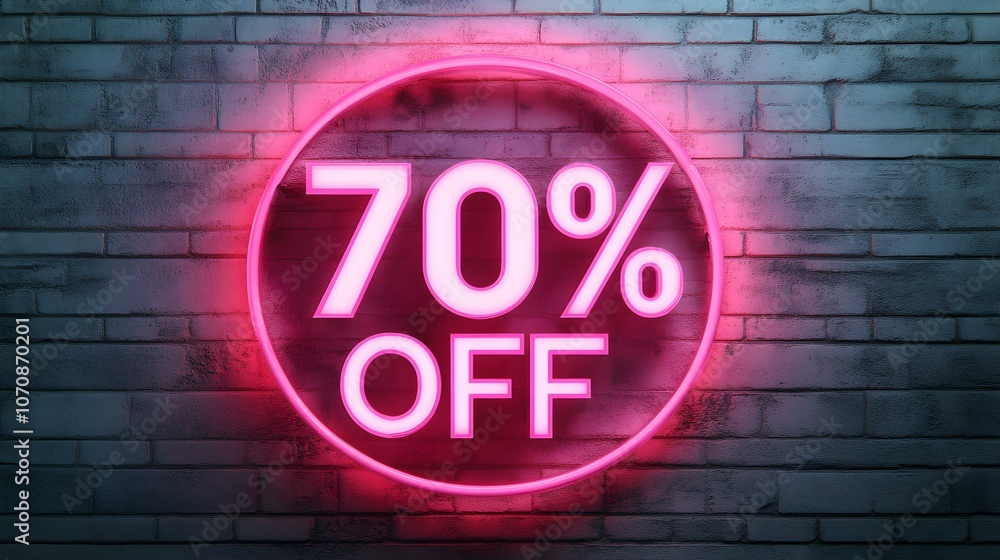Pink Neon '70% OFF' Sign on a Brick Wall Pink Neon '70% OFF' Sign on a Brick Wall