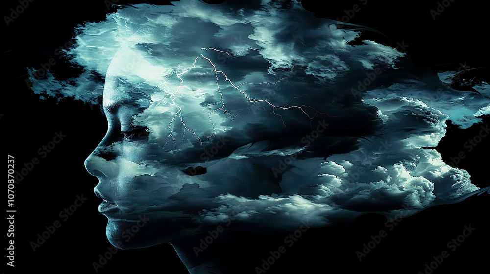 A silhouette of a woman with stormy clouds and lightning reflecting her inner turmoil A silhouette of a woman with stormy clouds and lightning reflecting her inner turmoil