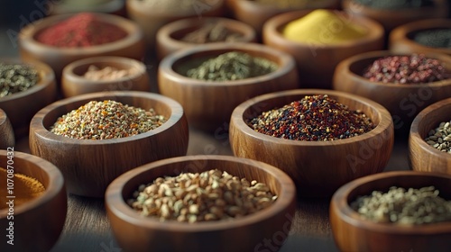 A collection of wooden bowls filled with various dried herbs and spices, elegantly arranged on a table