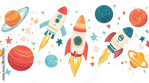 A colorful cartoon border featuring space themes with planets and rockets