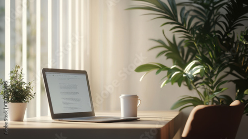 Wallpaper Mural cozy home office setup featuring laptop, coffee cup, and potted plant, bathed in warm sunlight, creating serene and inviting workspace atmosphere Torontodigital.ca