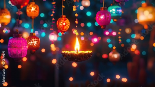 A colorful Diwali decoration with hanging lights, paper lanterns, and a beautifully lit diya at the center