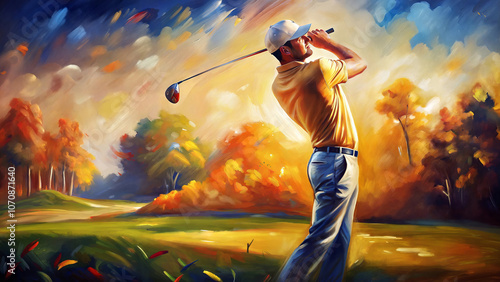 Fototapeta Naklejka Na Ścianę i Meble -  Male golf player with golf club taking a shot, colorful oil painting and palette knife on canvas