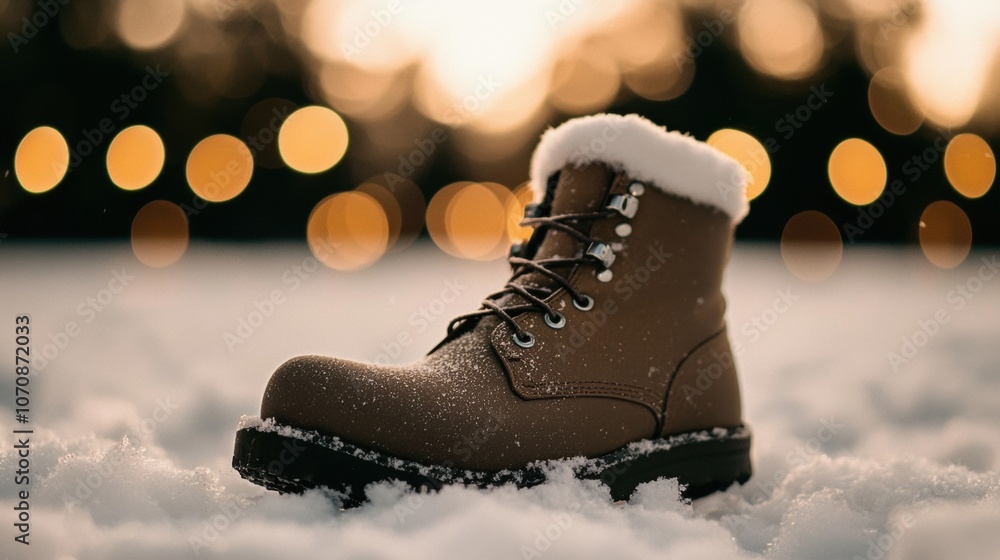 A brown boot with white laces is sitting in the snow A brown boot with white laces is sitting in the snow