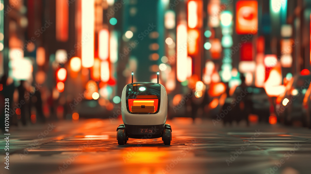 sleek delivery robot navigating bustling city street at night, surrounded by vibrant neon lights and urban scenery, showcasing modern technology and innovation sleek delivery robot navigating bustling city street at night, surrounded by vibrant neon lights and urban scenery, showcasing modern technology and innovation