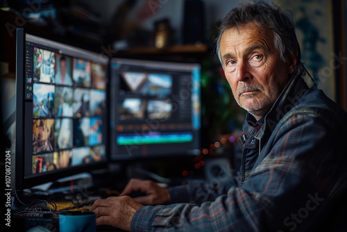 An older man sits at a desk in his home office, focused on multiple computer screens displaying video editing software. The warm evening light adds a cozy atmosphere to his workspace