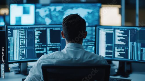 professional working at multiple computer screens, analyzing data and information in modern office environment. atmosphere is focused and high tech, showcasing advanced technology