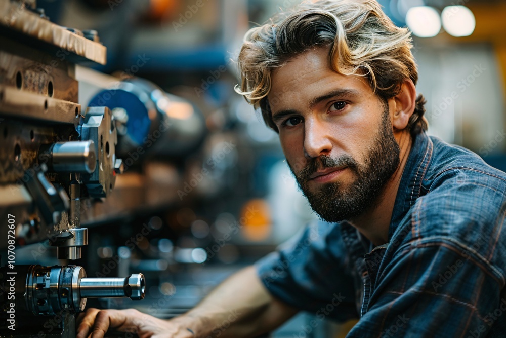 A skilled craftsman focuses intently on his work in a well-lit workshop filled with various machines. The atmosphere conveys dedication and craftsmanship, highlighting his concentration and expertise A skilled craftsman focuses intently on his work in a well-lit workshop filled with various machines. The atmosphere conveys dedication and craftsmanship, highlighting his concentration and expertise