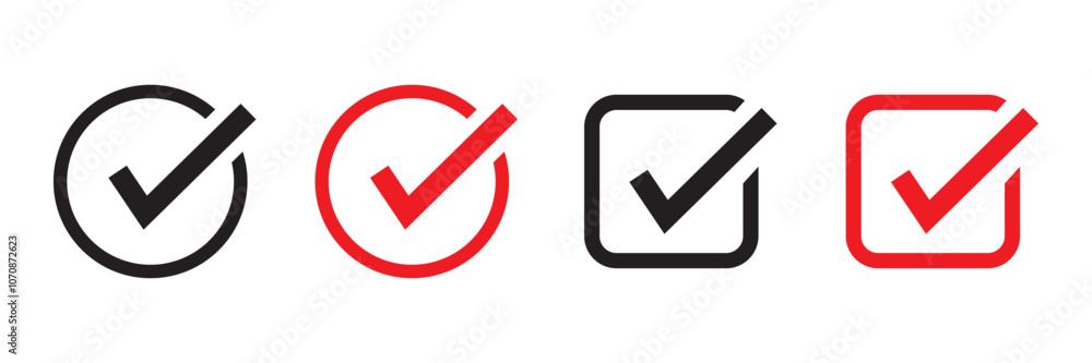 Check mark icon vector set. Tick box, checkbox symbol sign. Check box icon with right or yes check mark icons. Check mark icon vector set. Tick box, checkbox symbol sign. Check box icon with right or yes check mark icons.