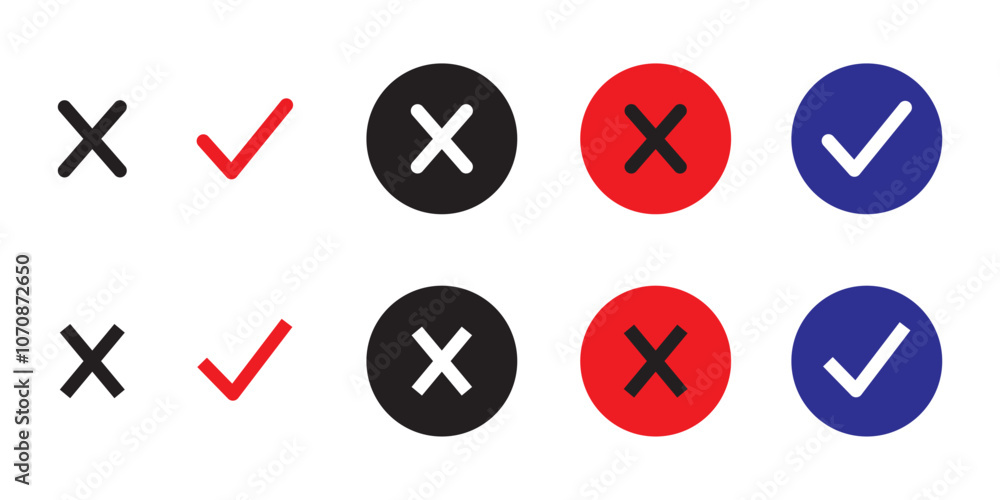 Check mark icon vector set. Tick and cross button.. tick box, checkbox symbol sign. set of black and red check box with yes and no sign. Check box icon with right or yes check mark icons. Check mark icon vector set. Tick and cross button.. tick box, checkbox symbol sign. set of black and red check box with yes and no sign. Check box icon with right or yes check mark icons.