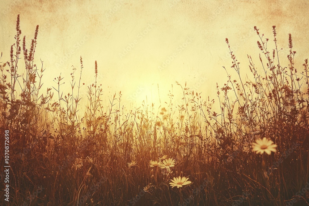 Fototapeta premium Silhouetted Wildflowers Against a Golden Sky with a Vintage Texture