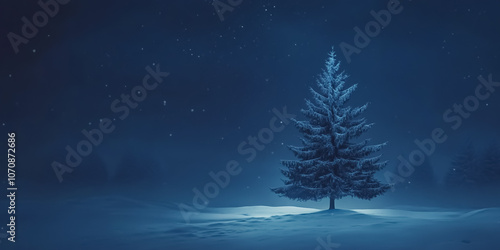 winter night snowy forest with Christmas tree and full moon.