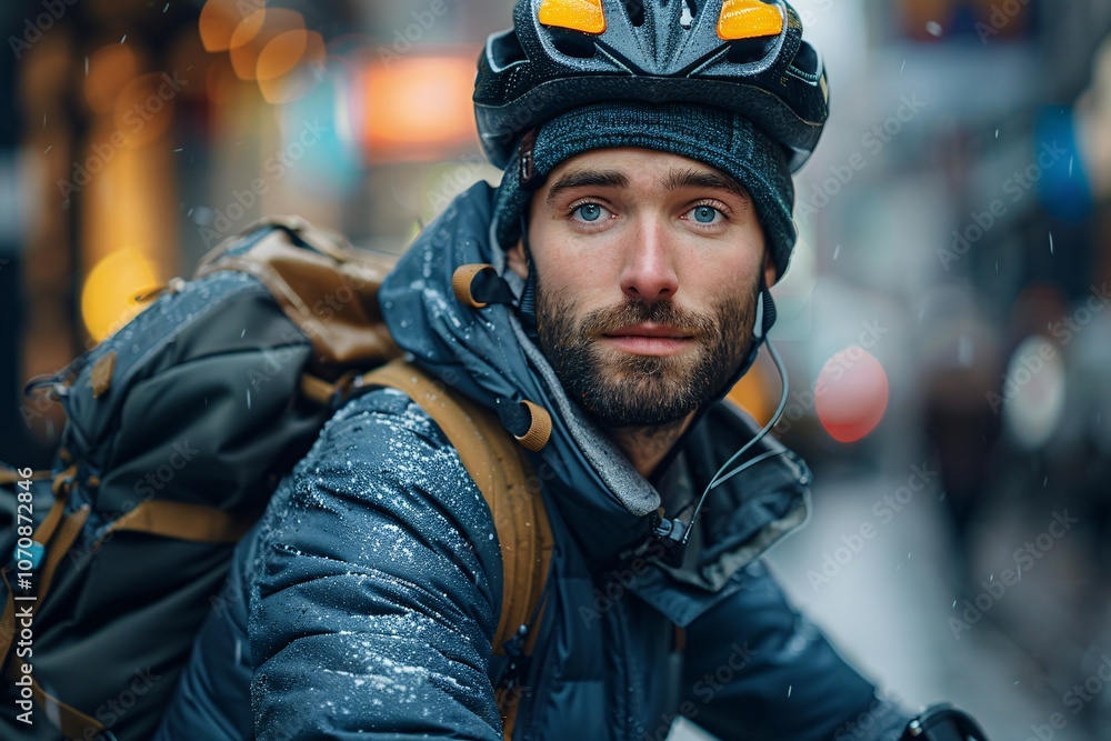 A cyclist wearing warm winter clothing and a helmet navigates a snowy city street, droplets of snow visible. The soft evening light highlights the chilly atmosphere as he focuses ahead A cyclist wearing warm winter clothing and a helmet navigates a snowy city street, droplets of snow visible. The soft evening light highlights the chilly atmosphere as he focuses ahead