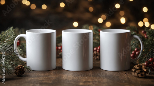 Christmas background with lights and three white cups on a wooden table