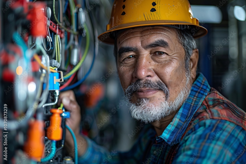 A seasoned electrician inspects intricate wiring systems while wearing a hard hat. The setting is a bustling industrial workshop filled with tools and equipment A seasoned electrician inspects intricate wiring systems while wearing a hard hat. The setting is a bustling industrial workshop filled with tools and equipment