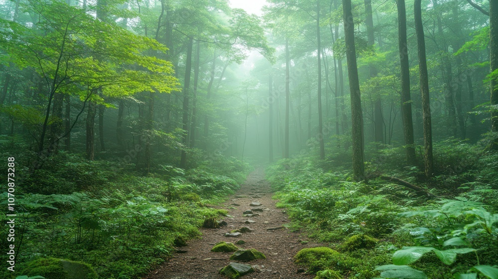 Fototapeta premium A misty forest path lined with trees and ferns.