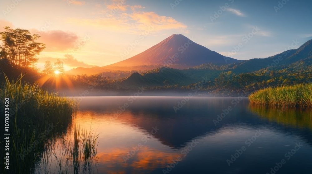 Beautiful dormant volcano range with a lake in the foreground. The sun is setting, casting a warm glow over the scene Beautiful dormant volcano range with a lake in the foreground. The sun is setting, casting a warm glow over the scene