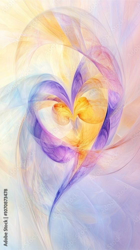 Obraz premium Abstract love symbol in soft tones, combining abstract swirling patterns with a pastel color scheme of lavender, pale yellow, and peach. The design should evoke feelings of calmness.