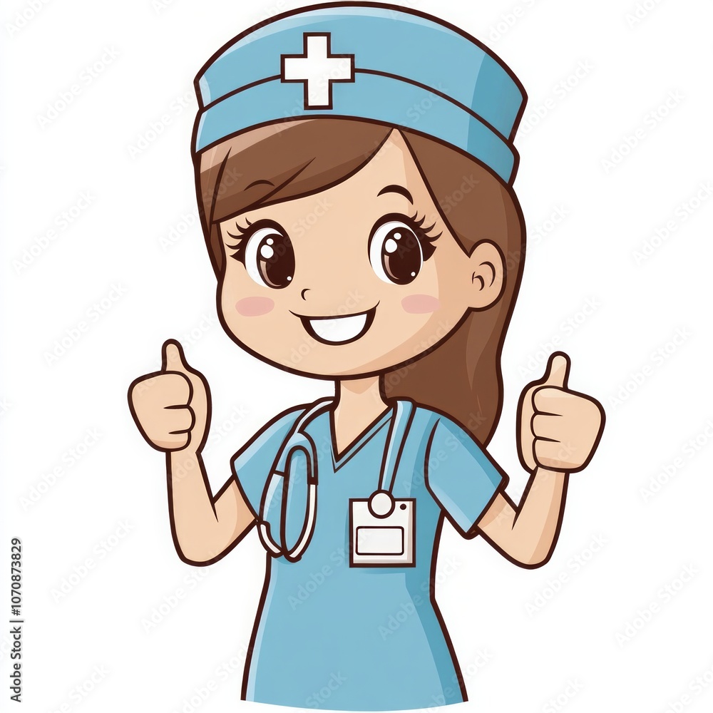 Cartoon nurse in uniform giving thumbs up with a smile Cartoon nurse in uniform giving thumbs up with a smile