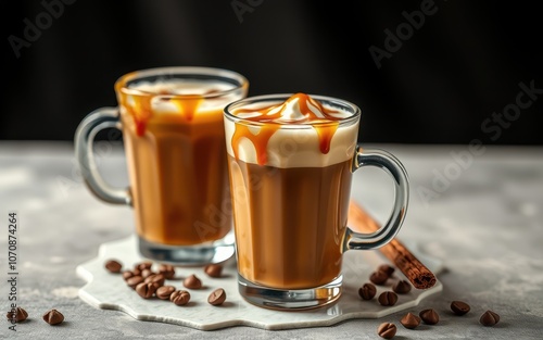 Two glasses of caramel coffee with whipped cream and a cinnamon stick on a white marble surface photo