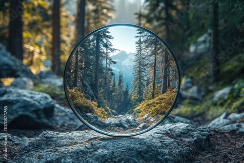 A Round Reflection of a Forest Path with Mountains in the Distance