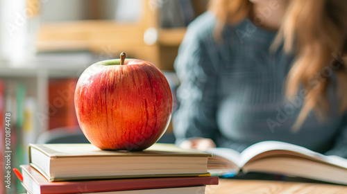 A red apple sits on top of a stack of books