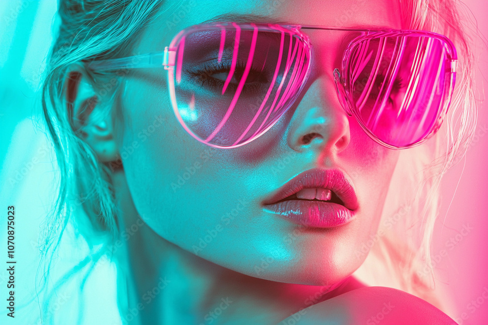 A stylish young woman poses with vibrant sunglasses against a colorful background at dusk A stylish young woman poses with vibrant sunglasses against a colorful background at dusk
