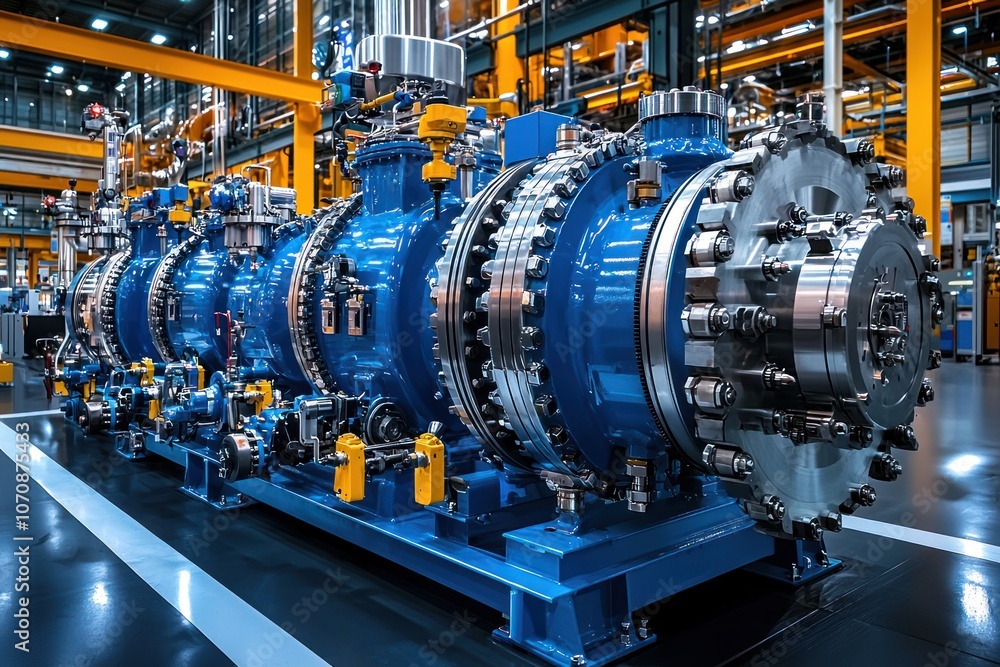 Large industrial blue machinery with intricate details and yellow accents Large industrial blue machinery with intricate details and yellow accents