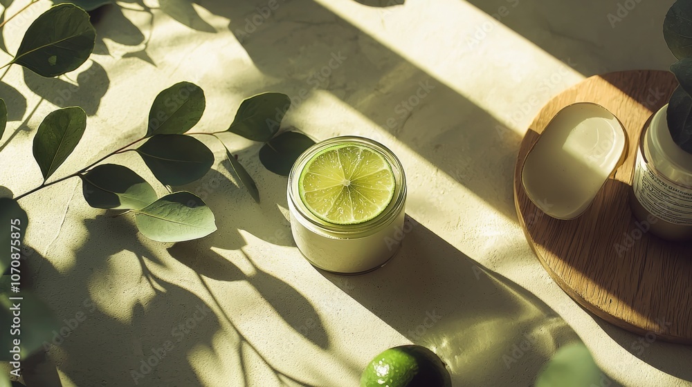 A lime sits on a table next to a jar of lotion A lime sits on a table next to a jar of lotion