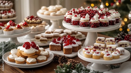 Festive Dessert Table Display with Cakes and Treats