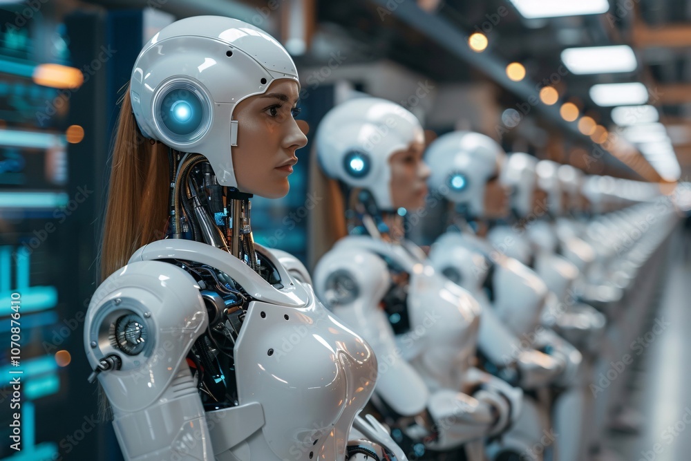Fototapeta premium In a futuristic setting, sleek humanoid robots with glowing features stand in line, showcasing cutting-edge technology in modern manufacturing