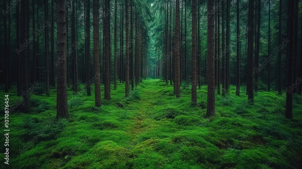 Obraz premium A path through a dense forest, lined with tall trees and covered in moss.