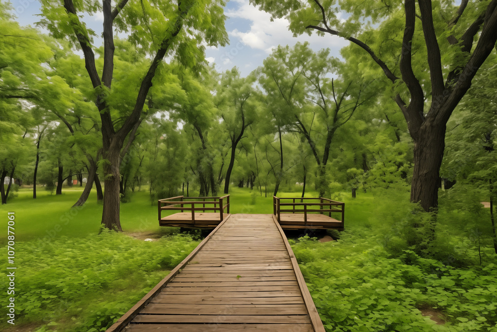 A serene wooden bridge surrounded by lush green trees, leading to a peaceful natural setting, ideal for relaxation and outdoor activities. A serene wooden bridge surrounded by lush green trees, leading to a peaceful natural setting, ideal for relaxation and outdoor activities.