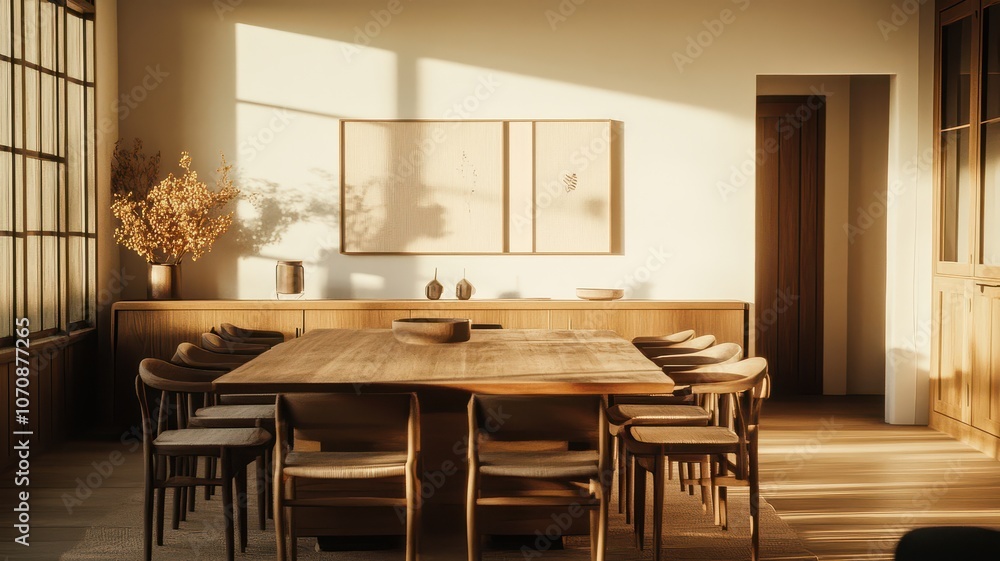 A contemporary dining room with a wooden table, matching chairs, and floor-to-ceiling windows that fill the room with natural light The design is modern, spacious, and elegant A contemporary dining room with a wooden table, matching chairs, and floor-to-ceiling windows that fill the room with natural light The design is modern, spacious, and elegant