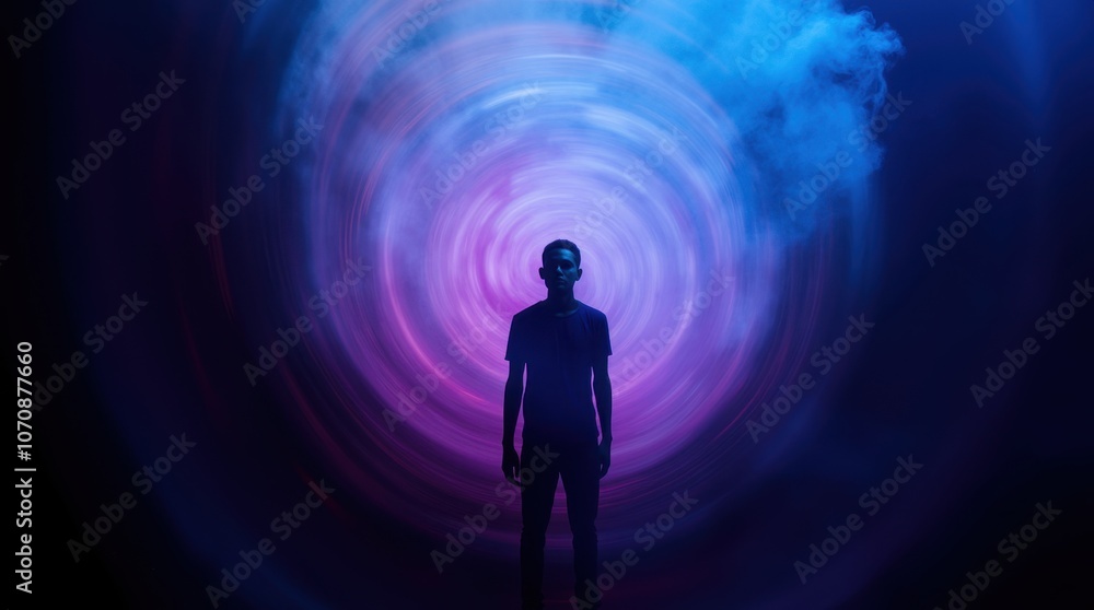 A surreal image of a silhouette of a person standing in the center of swirling colorful smoke, the smoke forming abstract patterns around them. A surreal image of a silhouette of a person standing in the center of swirling colorful smoke, the smoke forming abstract patterns around them.