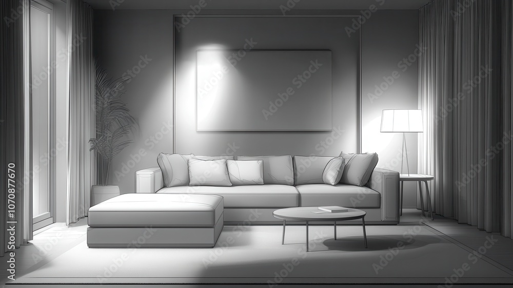 Fototapeta premium A modern, stylish living room featuring a light sofa, coffee table, and soft lighting, creating a cozy, minimalist ambiance.