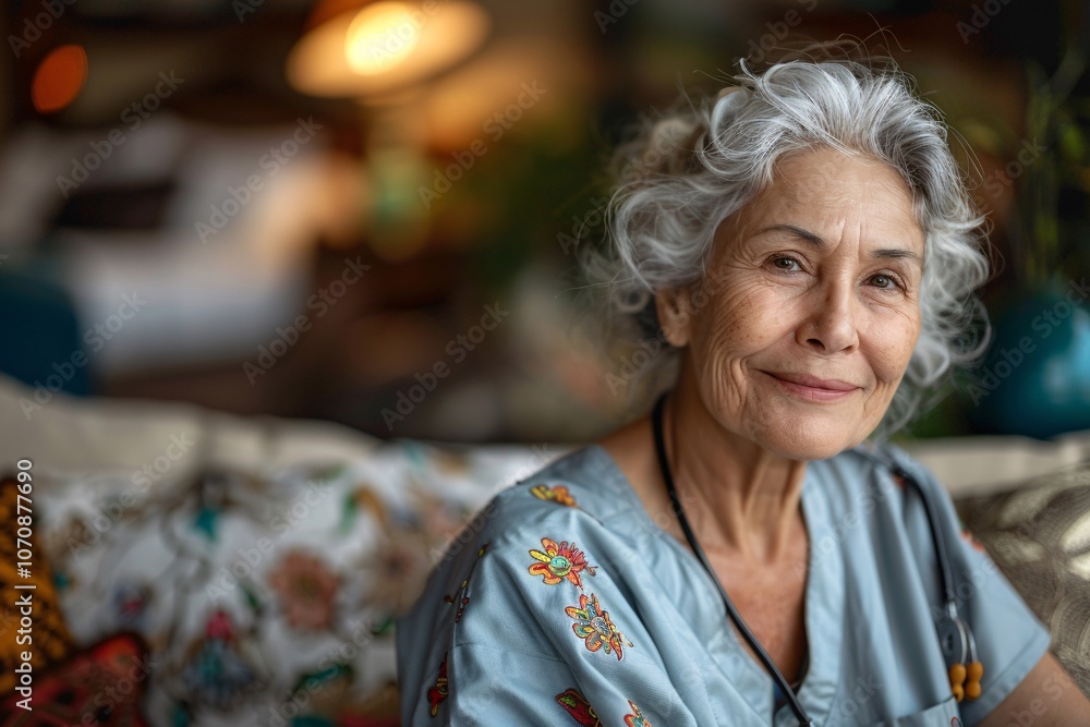 A senior woman with silver hair smiles warmly while sitting in a comfortable indoor space filled with colorful decorations. Soft lighting enhances the inviting atmosphere, creating a sense of calm A senior woman with silver hair smiles warmly while sitting in a comfortable indoor space filled with colorful decorations. Soft lighting enhances the inviting atmosphere, creating a sense of calm