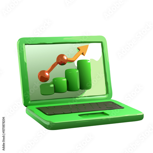 Green 3D Laptop with Rising Bar Chart on Screen