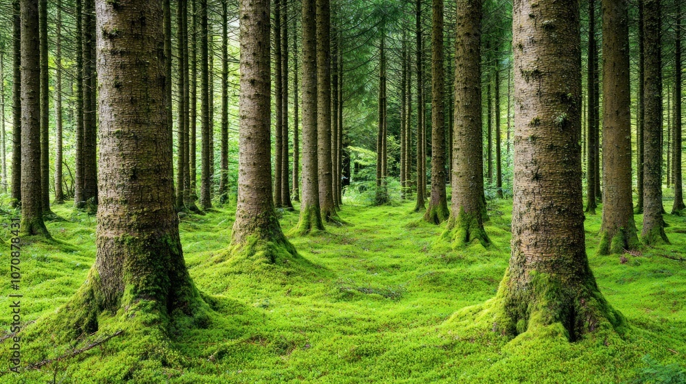 A serene forest scene with tall trees and lush green moss covering the ground. A serene forest scene with tall trees and lush green moss covering the ground.