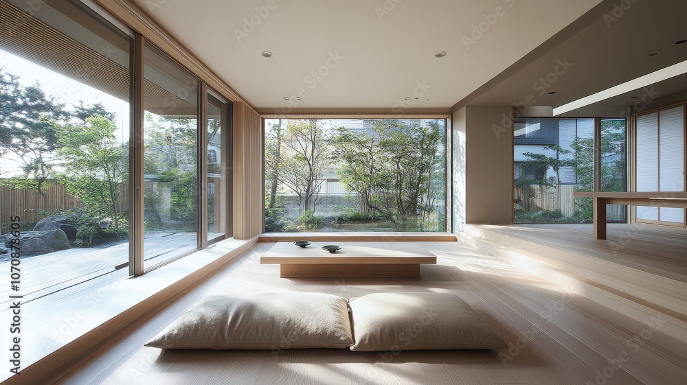 A minimalist interior with large windows, natural light, and a serene garden view creates a calming atmosphere. A minimalist interior with large windows, natural light, and a serene garden view creates a calming atmosphere.