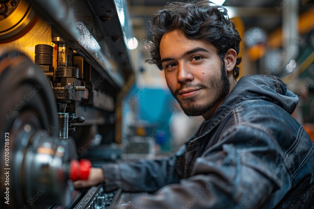 A young man is intently operating a mechanical machine in a bustling workshop during the evening hours, showcasing his focus and skill in a dynamic work environment filled with machinery A young man is intently operating a mechanical machine in a bustling workshop during the evening hours, showcasing his focus and skill in a dynamic work environment filled with machinery