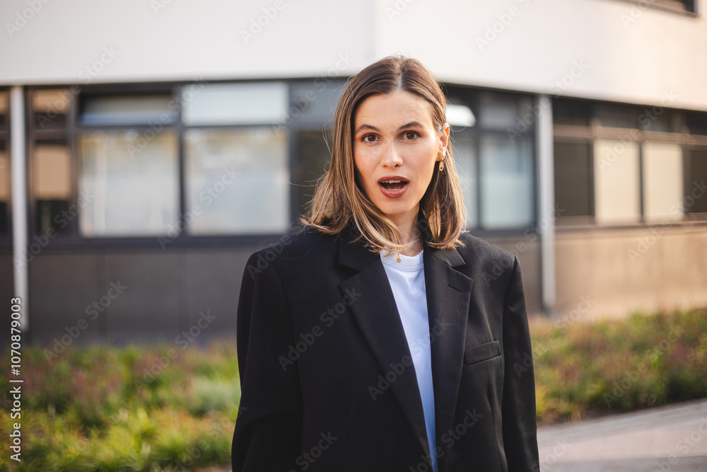 Oh my god wow concept. Amazed excited young caucasian business woman successful girl open mouth in surprise looking at camera with shocked face happy with victory standing near business centre. Oh my god wow concept. Amazed excited young caucasian business woman successful girl open mouth in surprise looking at camera with shocked face happy with victory standing near business centre.