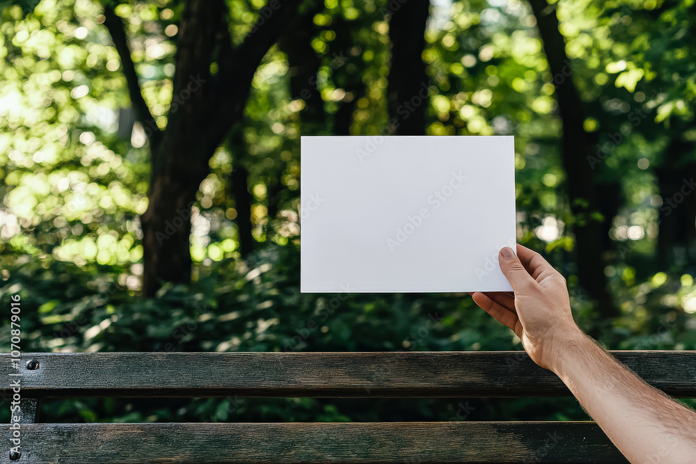 Hand holding a blank piece of paper in a park. The paper is white and the hand is holding it up. Concept of emptiness or potential, as the blank paper represents a blank slate or a new beginning Hand holding a blank piece of paper in a park. The paper is white and the hand is holding it up. Concept of emptiness or potential, as the blank paper represents a blank slate or a new beginning
