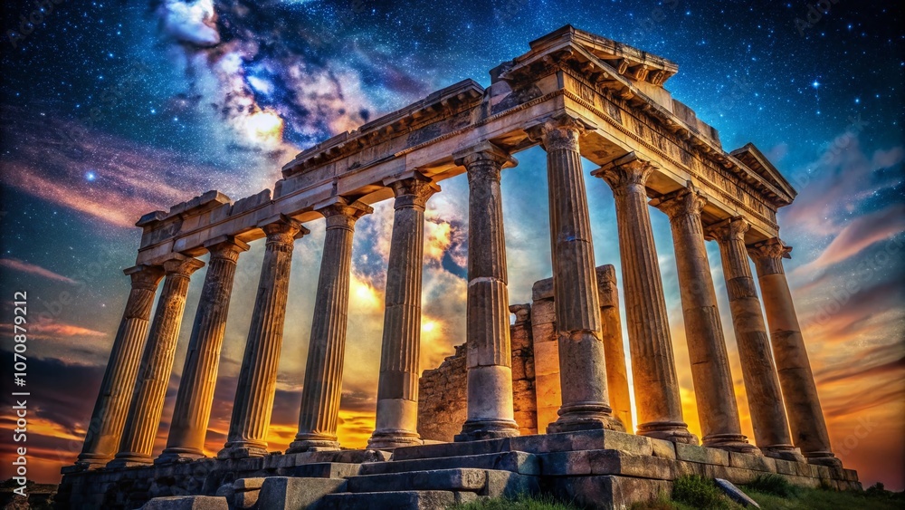 Obraz premium Enchanting Night at the Roman Temple: A Breathtaking View of Ancient Architecture Under the Stars with Luminous Lighting and Mystical Atmosphere